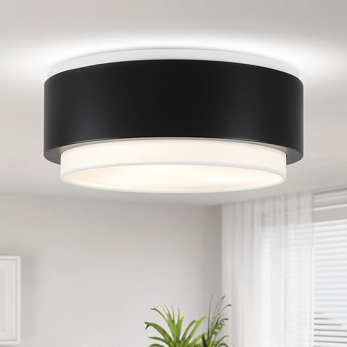 Luupyia 12.59 Inches Drum Ceiling Light with Black Metal and White Fabric Shade, 3Light Simple Modern Drum Semi Flush Mount Ceiling Light with Double Shade, Overhead Light for Bedroom Hallway E26, 60W