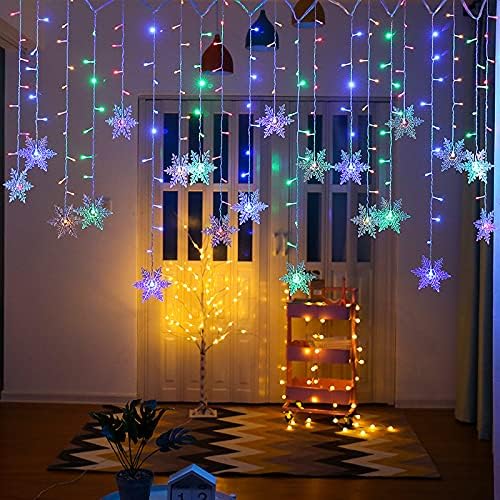 LED Curtain Lights,19ft/6M 96 LED Snowflake Curtain String Lights Plug-in Window Curtain Lights with 8 Modes Decoration for Christmas, Wedding, Party,Wall, Home Decorations (Colorful)