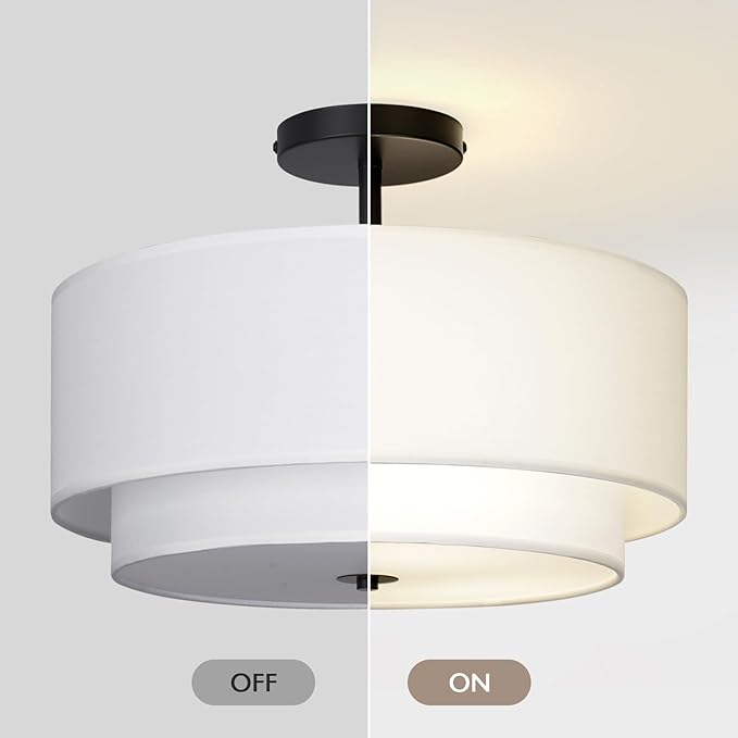 16" Dual Drum 3-Light Semi Flush Mount Ceiling Light, White Classic Fabric Linen Shade Design for Living Room, Bedroom, Kitchen, Dining Room, Hallway and Entryway