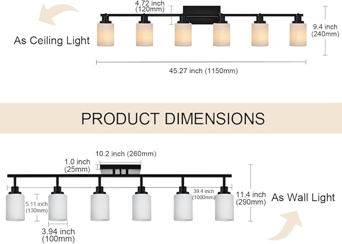 TODOLUZ 6-Lights Track Lighting Fixtures, Black Modern Bathroom Light Fixtures Ceiling with Rotatable Track Head & Opal White Glass, Wall Mounted Track Light for Kitchen