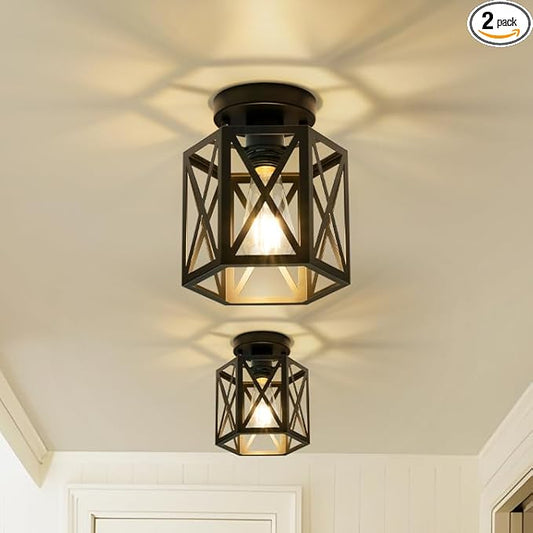 2 Pack Modern Semi Flush Mount Ceiling Light,Hexagon Flush Mount Ceiling Lights for Dining Room Light Fixture,Farmhouse Black Metal Kitchen Island Lighting Fixtures for Hallway,Bathroom