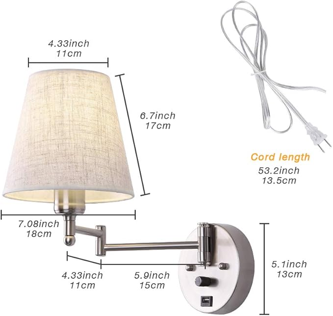 Bedside Wall Mount Light with Dimmable Switch and USB Port, Swing Arm Fabric Shade Wall Sconce Light with Plug in Cord, Wall Lamp Perfect for Bedroom, Living Room and Hotel
