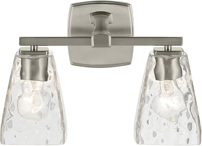 Kichler Marant 2-Light Bathroom Vanity Light Fixture with Clear Water Glass in Brushed Nickel, Modern Wall Mount Light for Bathroom Over Mirror (14.25 in x 9.5 in), 55215NIWTR