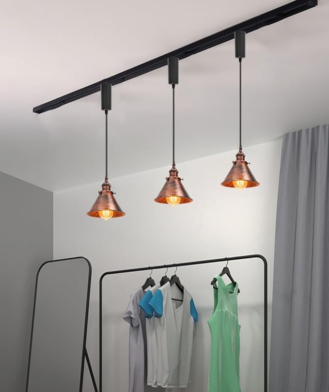 3-Pack Adjusted Wire Length H-Type Track Hanging Light 3.9 Ft Black Cord E26 Base Plating Painted Red Metal Pendant Light Fixture,Industrial Lamp for Loft Aisle Balcony(No Bulb,No Track)