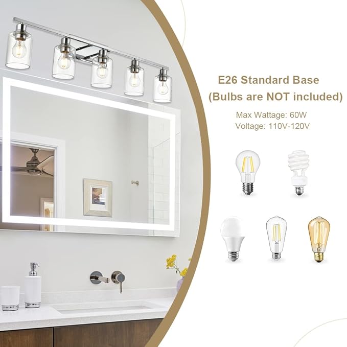 VINLUZ 5 Light Bathroom Lighting Fixture in Chrome Finish,Contemporary Indoor Wall Lights with Clear Cylinder Glass Shade Classic Vanity Light for Stair Entryway Hallway