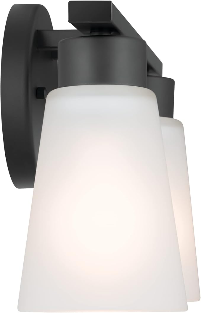 Kichler Stamos 2-Light Bathroom Vanity Light Fixture with Satin Etched Glass Shades, Modern Wall Light in Black for over Mirror Lighting Installation, 13 in x 8 in x 5 in, 55120BK