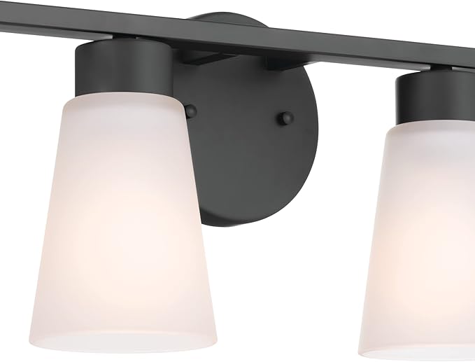 Kichler Stamos 4-Light Bathroom Vanity Light Fixture with Satin Etched Glass Shades, 26 in Modern Wall Light in Black for over Mirror (26 in x 8 in x 5 in), 52608BK