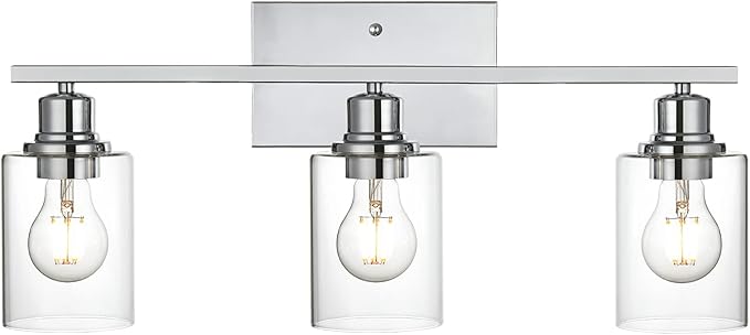 VINLUZ 3 Light Wall Light Fixture with Clear Glass Shade Classic Bathroom Vanity Lighting Fixture in Chrome Finish Metal Wall Mounted Lamp for Powder Room Hallway