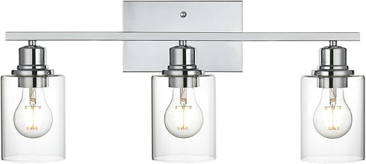 VINLUZ 3 Light Wall Light Fixture with Clear Glass Shade Classic Bathroom Vanity Lighting Fixture in Chrome Finish Metal Wall Mounted Lamp for Powder Room Hallway