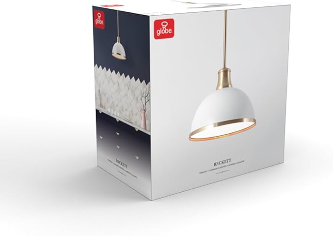 Globe Electric 60824 1-Light Pendant Light Fixture, Matte White, Brass Accents, Adjustable Hanging Height, Sloped or Vaulted Ceiling, Modern Lights for Kitchen Island, Hallway, or Dining Room