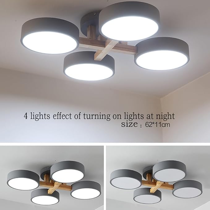 LED Ceiling Light Fixture,24 Inch 4-Lights Modern Ceiling Lights Flush Mount Wooden 44W Chandelier for Living Room Bedroom Kitchen,Dimmable 3000K/4000K/6000K Temperatures Selectable, Grey