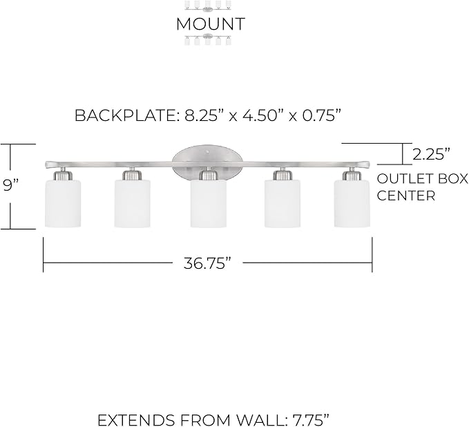 HomePlace Lighting 115251BN-338 Dixon Modern Soft White Glass Bathroom Vanity Wall Light, 5-Light 500 Total Watts, 9" H x 37" W, Brushed Nickel