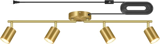 Plug in Track Lighting LED, Track Lighting Fixtures Ceiling Gold, 4-Light Kitchen Light Kit, Plug in Wall Light with 14.8ft Power Cord, Rotatable Ceiling Spotlight for Bedroom(GU10 Socket, NO Bulb)