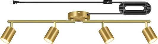 Plug in Track Lighting LED, Track Lighting Fixtures Ceiling Gold, 4-Light Kitchen Light Kit, Plug in Wall Light with 14.8ft Power Cord, Rotatable Ceiling Spotlight for Bedroom(GU10 Socket, NO Bulb)