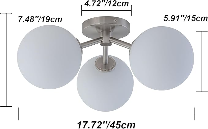Brushed Nickel Semi Flush Mount Ceiling Light Fixture, 3 Light Milk Glass Globe Mid Century Modern Light Fixtures for Bedroom,Entryway,Hallway,Living Room,Kitchen,Dining Room