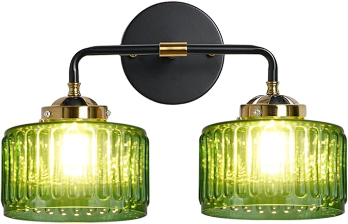 Bathroom Light fixtures Mid Century Wall Sconce 2-Lights with Green Striped Shade Glass Wall Mount Light Modern Vanity Lights for Over Mirror Bedroom Hallway Overhead