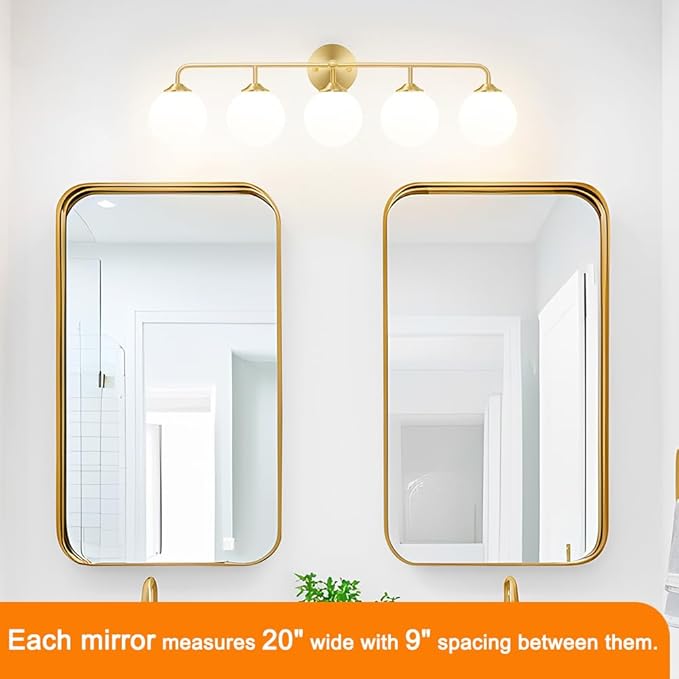 Modern Brushed Brass 5-Lights Bathroom Vanity Light, Lighting Fixtures Over Mirror with Milky White Glass Ball Shades, Wall Sconces for Bathroom Dressing Table Bedroom