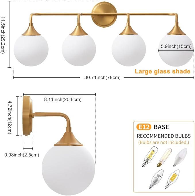 Gold Bathroom Light Fixtures, Modern Vanity Lights Over Mirror, Brushed Brass Wall Sconce Lighting 4-Light with Milky White Glass Ball Shades
