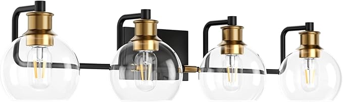 Tipace Industrial Bathroom Vanity Lighting Fixtures 4-Lights Vintage Black & Brass Finish with Globe Clear Glass Vanity Lights Farmhouse Bath Lighting(Exclude Bulb)