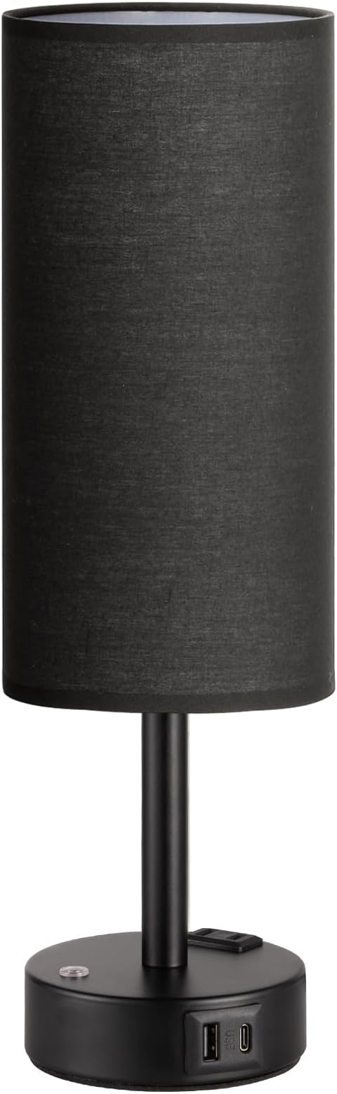 Touch Bedside Table Lamp with Memory - Stepless Dimmable Lamp for Bedroom, Small Nightstand Lamp with Dual USB Charging Ports and AC Outlet, Wood Night Light, Deak Lamp for Nursery, (Black & Black)