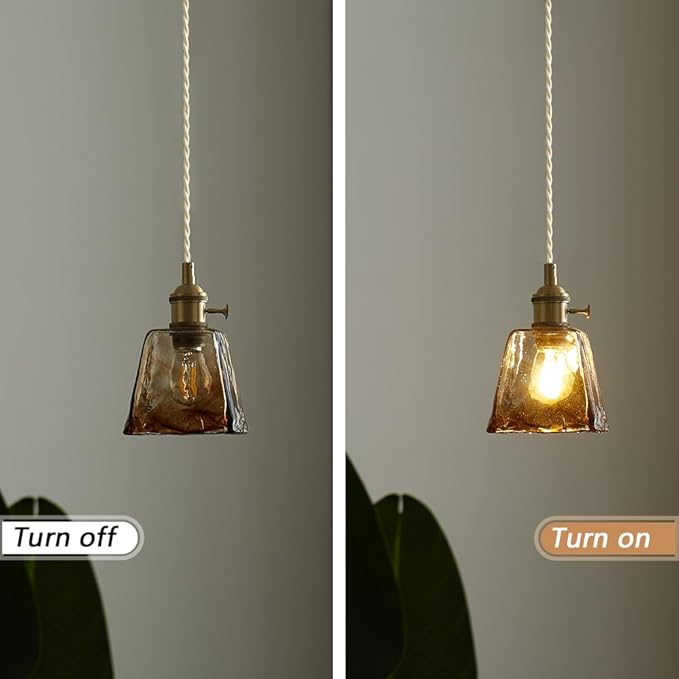 Vintage Pendant Light Fixtures, Amber Glass Lampshade with Switch Indoor Pendant Lighting for Bedside Dining Room Bathroom, Brass