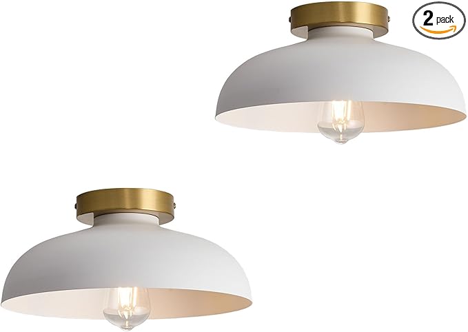 2 Pack Modern Semi Flush Mount Ceiling Light,Industrial White and Gold Ceiling Fixtures,E26 Ceramic Lamp Head Light Fixture for Kitchen Entryway Hallway Laundry Room Bedroom Foyer 11.8 Inch