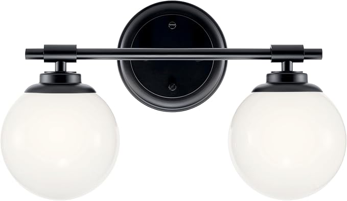 Kichler Benno 2-Light Bathroom Vanity Light Fixture, Modern Wall Mount with Opal Glass in Black for Bathroom or Powder Room, G9 LED Compatible (8.75 x 14.75 in), 55171BK