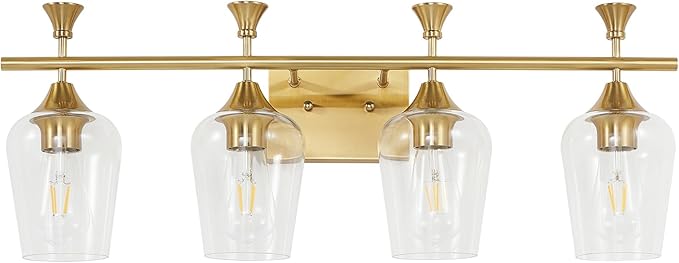 Bathroom Light Fixtures (4-Light, 29 Inch), Brushed Gold Vanity Lights for Bathroom with Clear Wine Glass Glass Shade, Modern Vanity Wall Lights for Mirror Bedroom Living Room Kitchen Hallway Porch