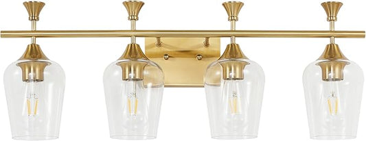 Bathroom Light Fixtures (4-Light, 29 Inch), Brushed Gold Vanity Lights for Bathroom with Clear Wine Glass Glass Shade, Modern Vanity Wall Lights for Mirror Bedroom Living Room Kitchen Hallway Porch