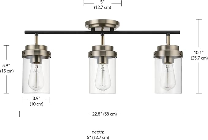 GLOBE Electric 59673 3-Light Track Lighting, Antique Brass, Matte Black Bar, Clear Glass Shades, Lighting for Kitchen, Bathroom, Bedroom, or Dining Room, Living Room Ceiling Lights, Light Fixture