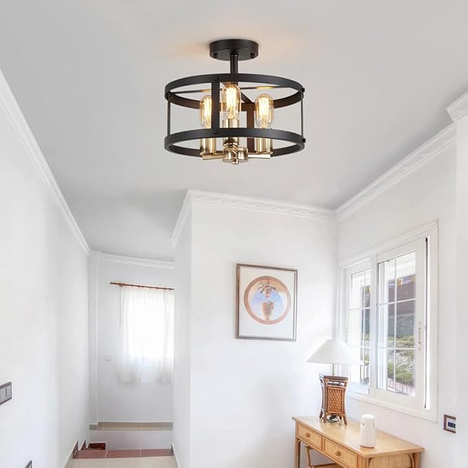 AGV LIGHTING Farmhouse Semi Flush Mount Ceiling Light Fixture， 3-Light Close to Ceiling Light, Shiny Gold & Matte Black Finish