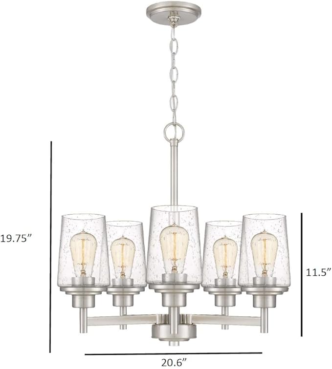 Jacob Modern 5-Light Chandelier Pendant Ceiling Light Brushed Nickle Seeded Glass Shade Adjustable Height for Hallway, Entryway, Passway, Dining, Bedroom, Kitchen