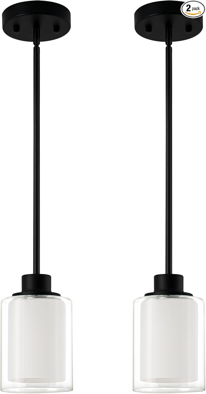 1-Light Mini Pendant Light Fixtures, 2-Pack Modern Hanging Ceiling Lighting, Adjustable Height, Black Pendant Lamp with Dual Glass for Kitchen Island Bedroom