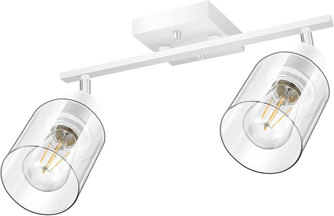 BoostArea White LED 2 Light Track Lighting Kit, 2 Way Ceiling Spot Lighting with Glass Lampshade, Flexibly Rotatable Light Head for Kitchen, Living Room, Bedroom, Bulb Not Included