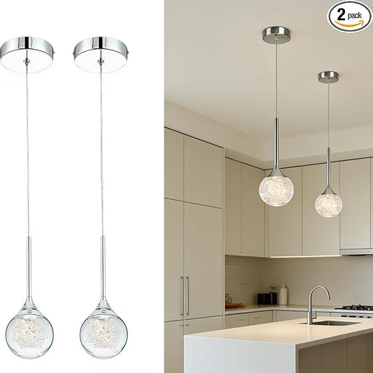 Modern Crystal Pendant Lighting for Kitchen Island Chrome Mini Globe Chandelier Bubble Crystal Dimmable LED Hanging Light Fixtures for Bedroom Bar Bathroom 2-Pack, 3000K