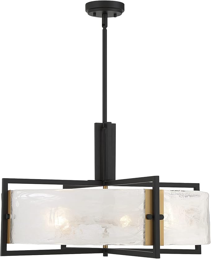 Savoy House 7-1696-5-143 Hayward Modern Strie Piastra Glass Drum Pendant, 5-Light 300 Total Watts, 17" H x 28" W, Matte Black & Warm Brass