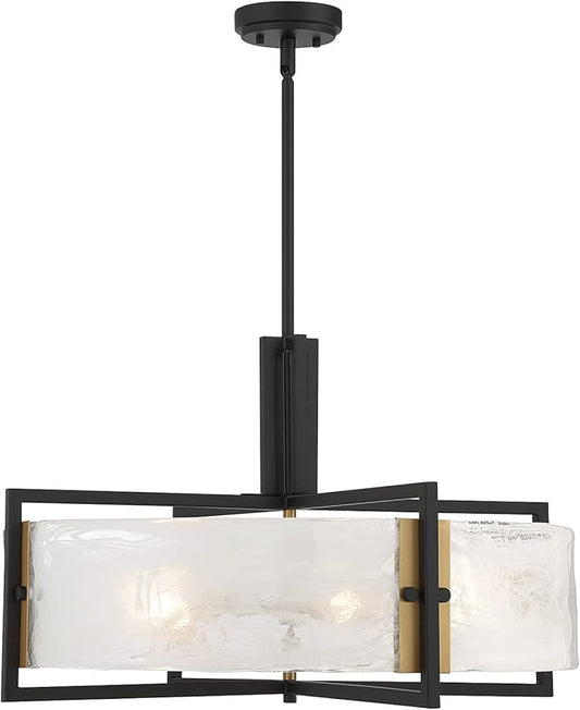 Savoy House 7-1696-5-143 Hayward Modern Strie Piastra Glass Drum Pendant, 5-Light 300 Total Watts, 17" H x 28" W, Matte Black & Warm Brass