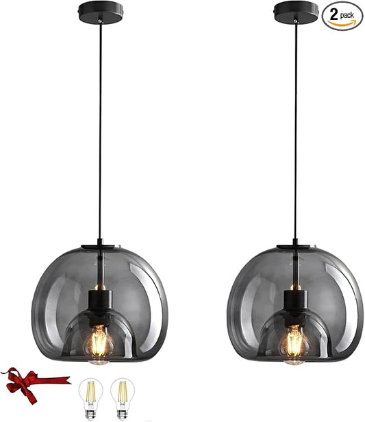 Large Smoke Glass Pendant Lights for Kitchen Island, Includes Extra Bulbs & 4.26FT Adjustable Cord, Modern Pendant Lighting Fixtures for Kitchen, Dining Room, Living Room(9in, 2-Pack)