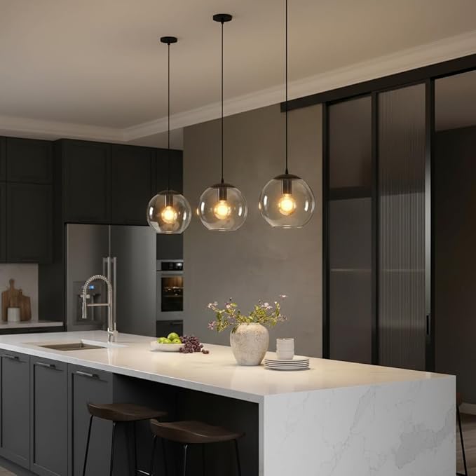 Globe Pendant Light, Modern Hanging Lighting Fixture, Classic Cluster Chandelier with Clear Glass Shades(Black, 1 Lights, 4.7 Inch)