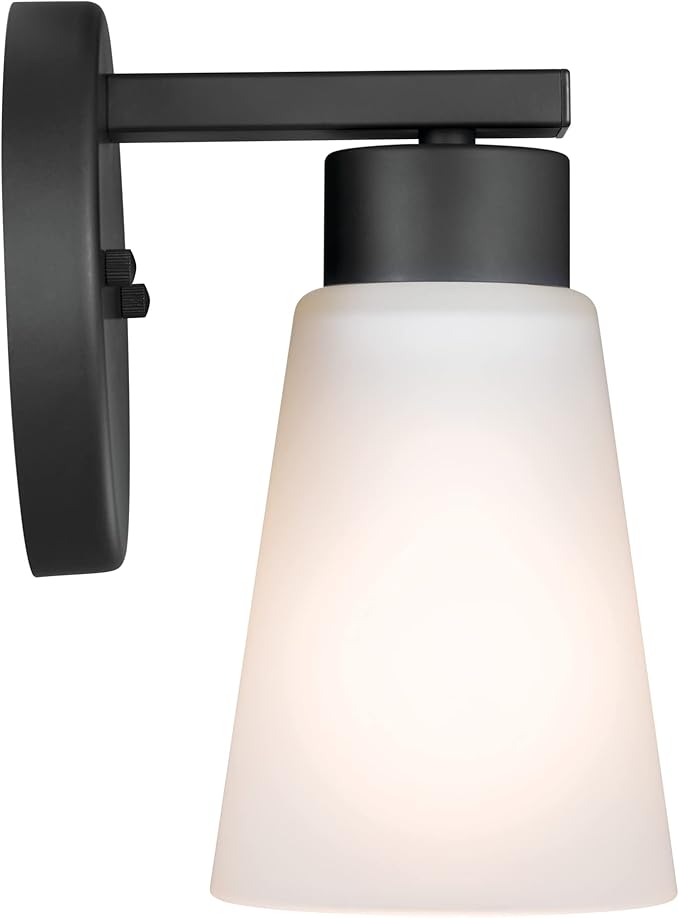 Kichler Stamos Wall Sconce 1-Light with Satin Etched Glass, Modern Bathroom or Hallway Light in Black, (8" H x 5" W x 6" D)