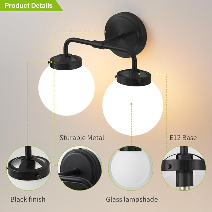 Black Bathroom Light Fixtures Over Mirror, Modern Vanity Lighting with Milk White Glass Globe Shades 2-Light Farmhouse Wall Sconce