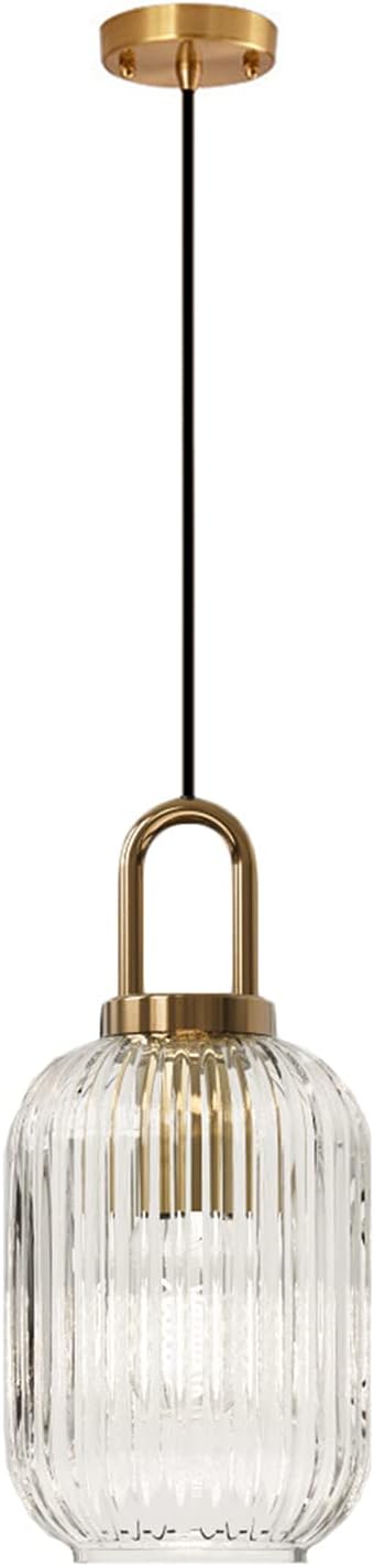 Industrial Vintage Pendant Lighting with Ribbed Glass Lamp Shade and Bronze Finish, Modern Retro Ceiling Light Hanging Lamp for Bedside Dining Table Kitchen Island (Transparent, 5.1")
