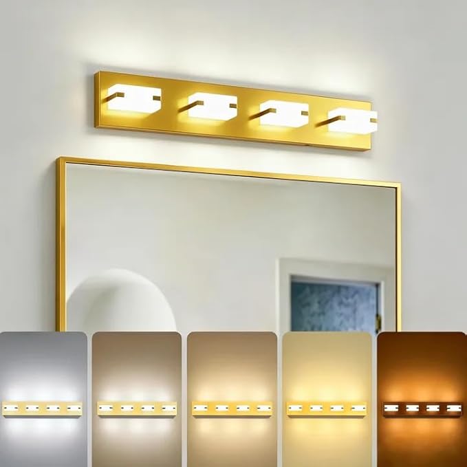 LED Bathroom Light Fixtures, 4-Light Modern Vanity Lights with Milky White Frosted Acrylic Shades, Gold Bathroom Lighting Fixtures Over Mirror, ETL Listed, 27W 5CCT Adjustable