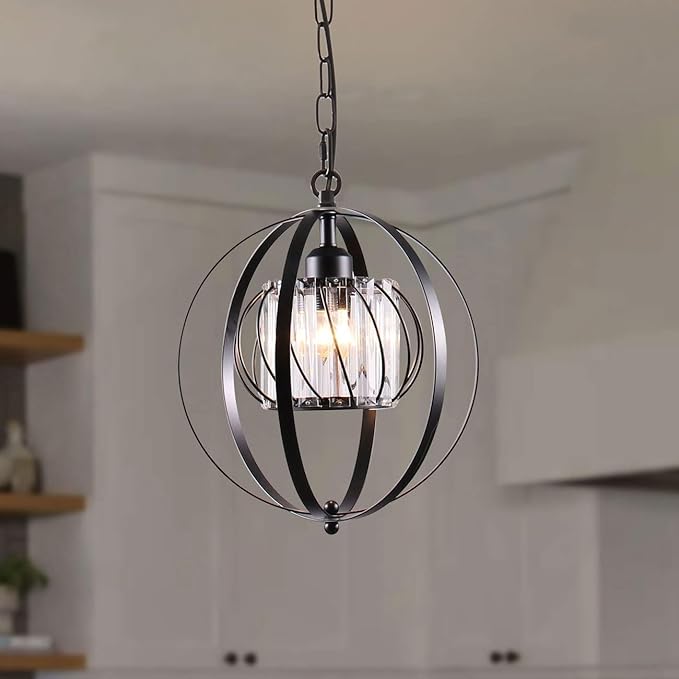 FRIXCHUR Black Crystal Pendant Light, Adjustable Hanging Light Fixture with Pumpkin-Shaped Crystal Shade, E26 Base Metal Lantern Pendant Ceiling Light for Kitchen Island, Dining Room, Entryway, Foyer