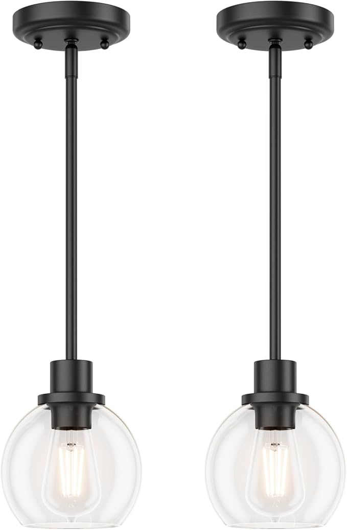 Ralbay Black Pendant Light Kitchen Island Industrial Pendant Light Fixtures with Globe Clear Glass Shade, Farmhouse Dining Room Hanging Lighting Fixture for Kitchen Island, Matte Black 2-Pack