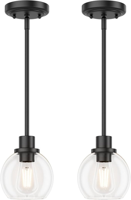 Ralbay Black Pendant Light Kitchen Island Industrial Pendant Light Fixtures with Globe Clear Glass Shade, Farmhouse Dining Room Hanging Lighting Fixture for Kitchen Island, Matte Black 2-Pack