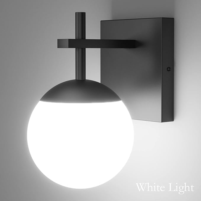 Ralbay Matte Black Wall Sconce, Mid Century Modern Black Wall Light Fixtures Milky Glass Indoor Wall Lamp for Home Decor Bathroom Kitchen Living Room Vanity Hallway, Black 1 Light (Exclude Bulb)