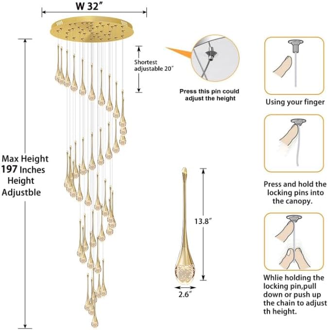 ykolupty H197 Foyer Chandeliers for high Ceiling Luxury Hanging Lights High Ceiling Pendant Lighting for Living Room Staircase Dimmable 2700K-6000K