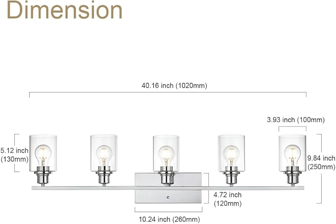 VINLUZ 5 Light Bathroom Lighting Fixture in Chrome Finish,Contemporary Indoor Wall Lights with Clear Cylinder Glass Shade Classic Vanity Light for Stair Entryway Hallway