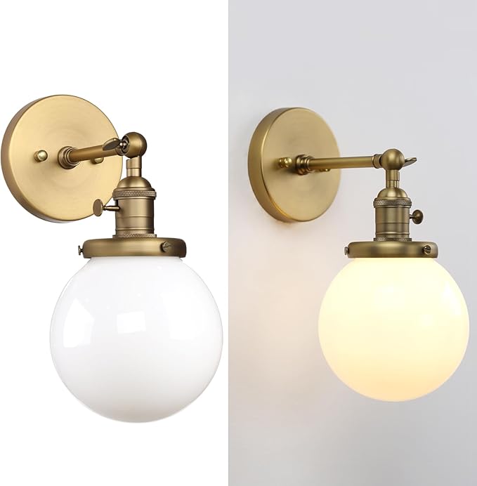 Pathson Hardwired Wall Sconce with White Globe, Brass Bathroom Vanity Light with On Off Switch, Vintage Wall Light Fixtures for Living Room Loft Hallway